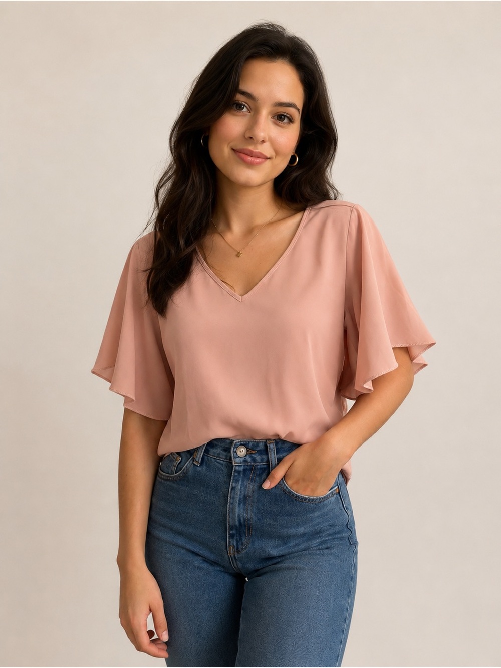 🚨 SHEIN Curve Dusty Rose V-Neck Flutter Sleeve Blouse